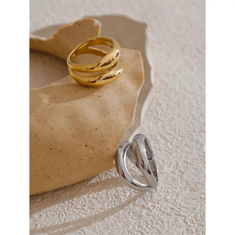 Bague Double Couche Géométrique Texturée — Argent 925 Plaqué Or 18K Bijoux de Paris