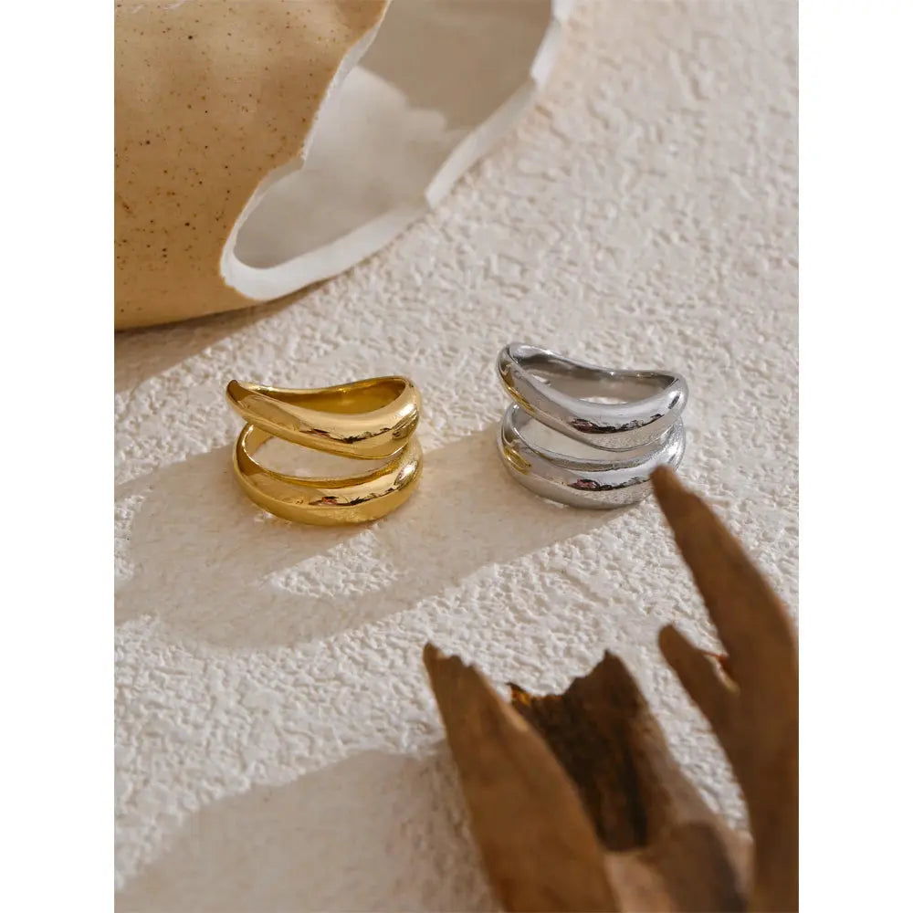 Bague Double Couche Géométrique Texturée — Argent 925 Plaqué Or 18K Bijoux de Paris