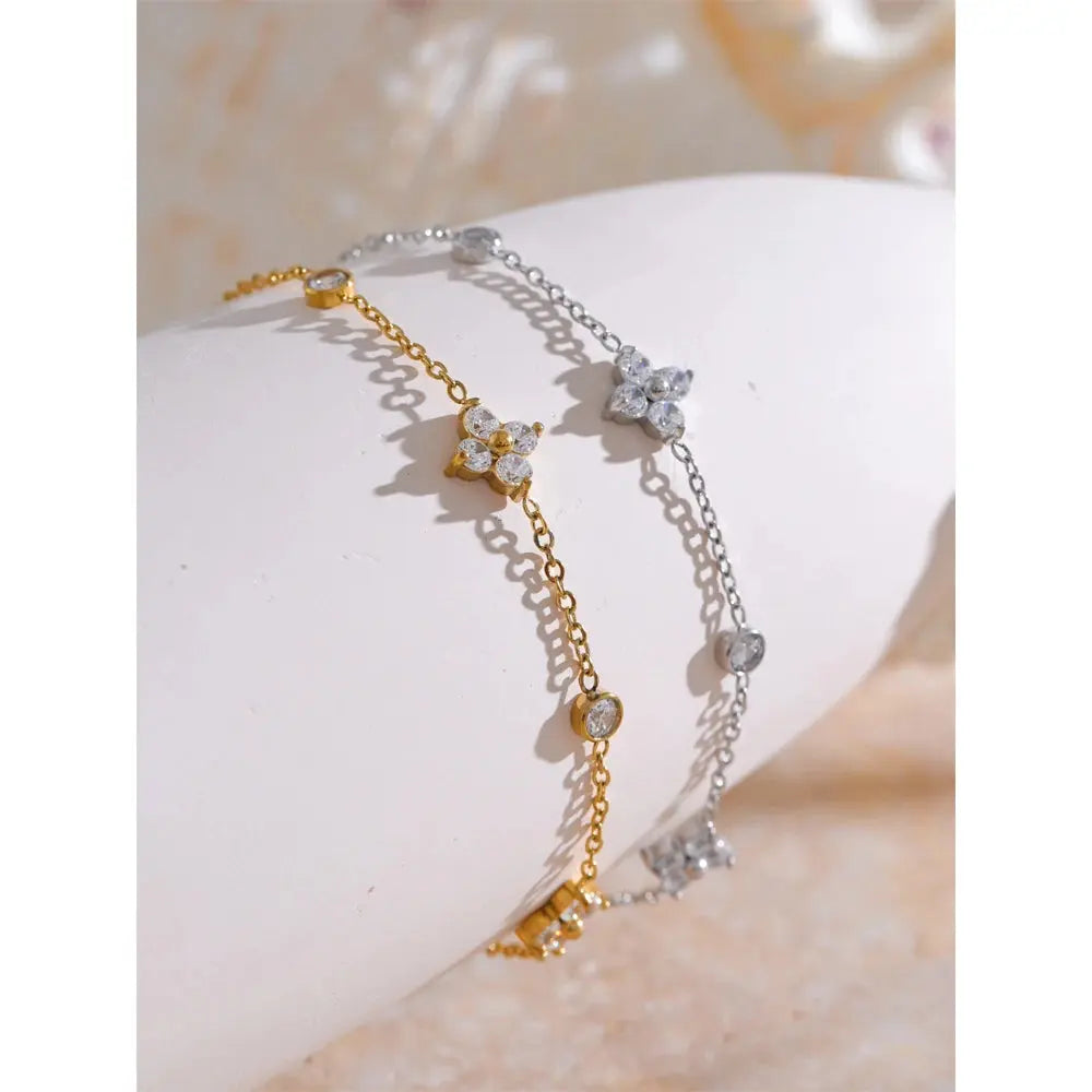 Bracelet Chaîne Fleurs en Zircone — Argent 925 Plaqué Or 18K Bijoux de Paris