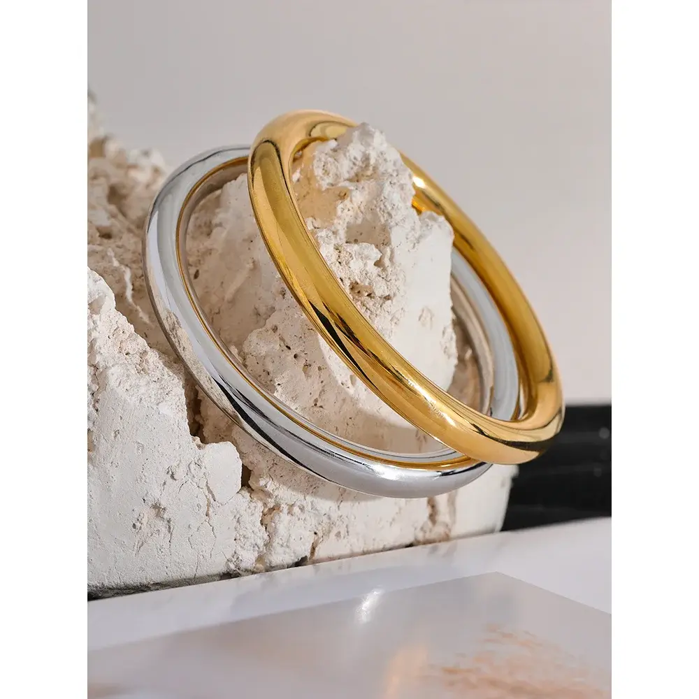 Jonc Large Poli Texturé — Argent 925 Plaqué Or 18K Bijoux de Paris