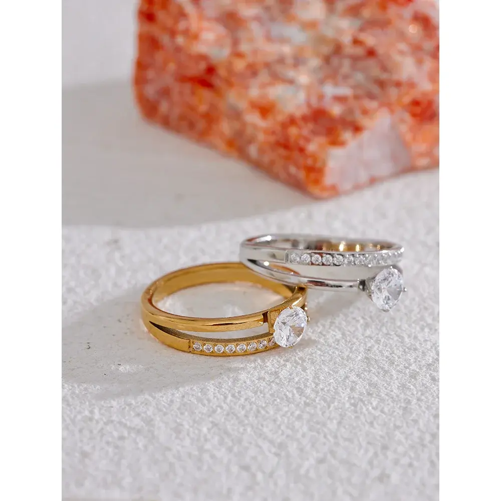 Bague Double Rang Zircone — Argent 925 Plaqué Or 18K Bijoux de Paris