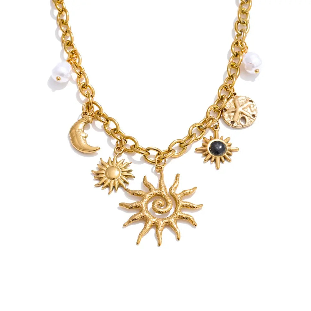Collier Pendentif Céleste - Étoile, Lune et Soleil — Argent 925 Plaqué Or 18K From Paris Jewelry